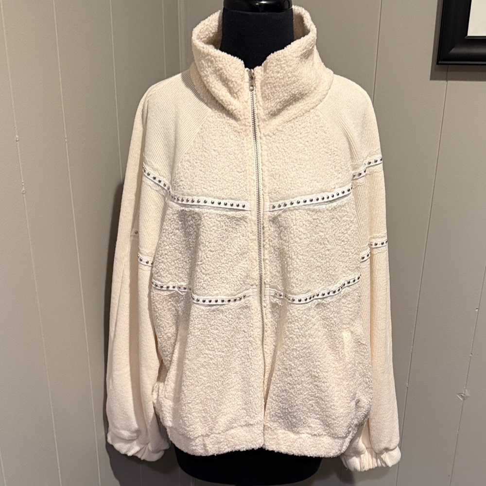 B34 POL Medium Cream Teddy Jacket for Women Studs and Lace Full Zip Up